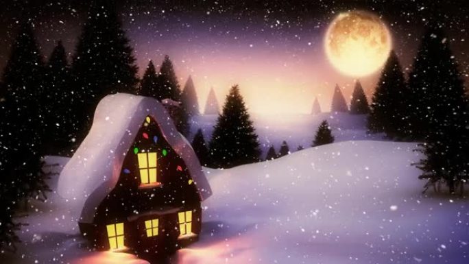 圣诞仙女灯和月亮装饰的房子上的雪的动画
