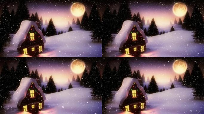 圣诞仙女灯和月亮装饰的房子上的雪的动画