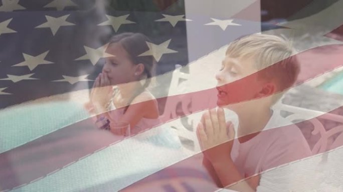 美国国旗在白种人家庭吃晚餐和祈祷的动画