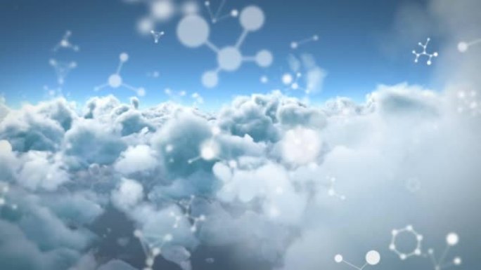 在多云的天空上移动的分子的动画