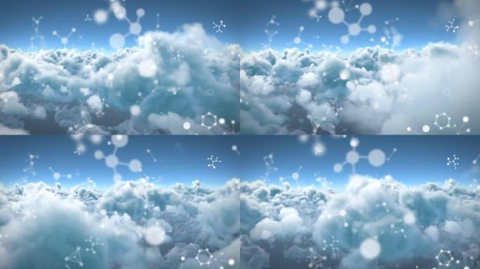 在多云的天空上移动的分子的动画