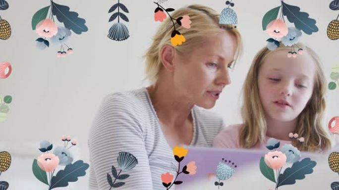 白人母亲和女儿在床上读书的花朵动画