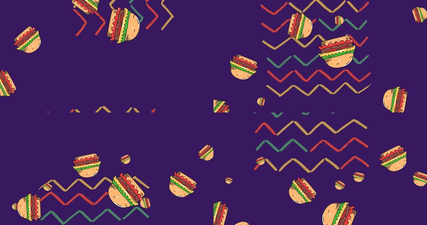 深紫色背景上锯齿形绿色，黄色和红色线条掉落的汉堡包动画