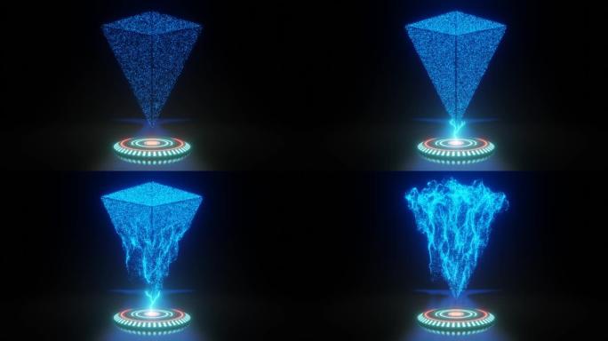 4k视频动画的蓝色彩色科幻圆锥形物体，由粒子爆炸后点燃成美丽的图案。