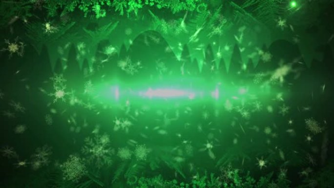 圣诞雪落在绿色背景上的圣诞装饰品上的动画