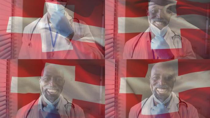 瑞士国旗的动画挥舞着戴着口罩的非裔美国医生