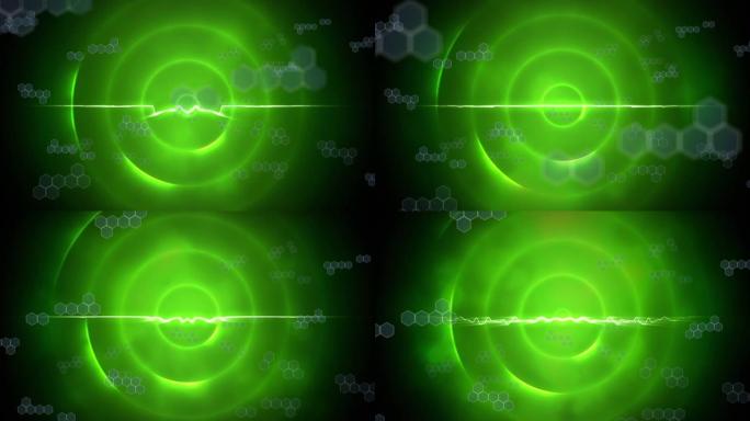 绿色空间中发光圆圈上的六边形动画