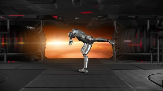 战士仿生机器人在宇宙飞船中做空手道动作。准备战斗。