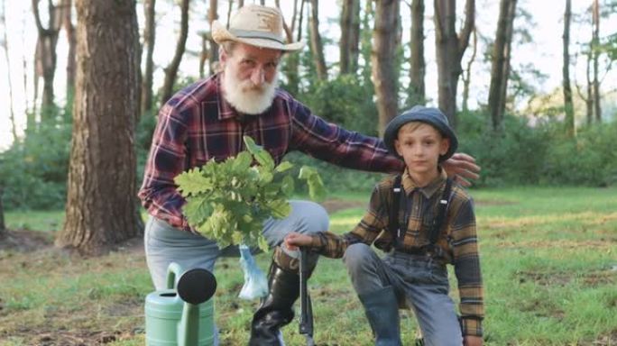 脾气好的积极成熟的大胡子男人手里拿着橡木幼苗，和他英俊的小孙子一起在绿色公园背景下在镜头前摆姿势