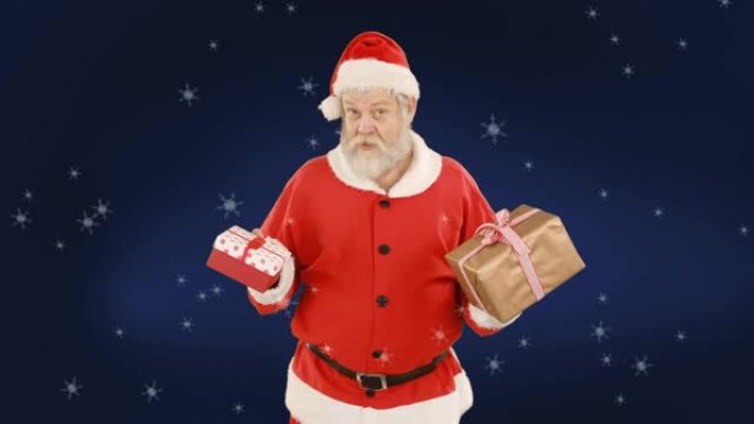 圣诞老人拿着礼物的动画，雪落在蓝色背景上