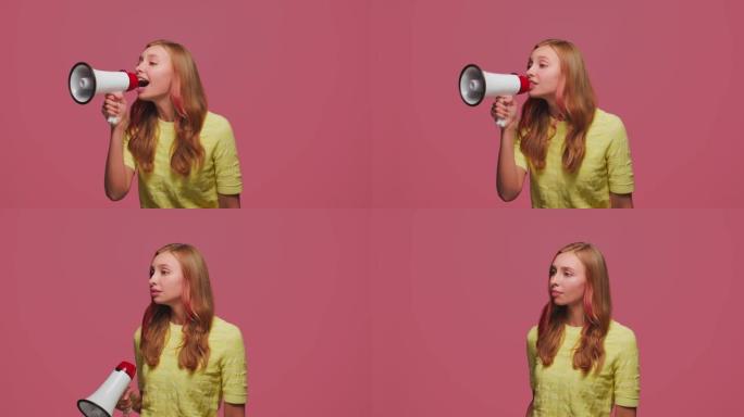 年轻女孩活动家宣布用扩音器大喊大叫。女性使用扬声器警告，大声喊叫