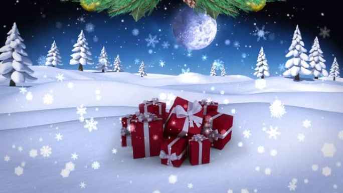 雪花落在夜空中月亮的冬季景观上的圣诞节礼物上