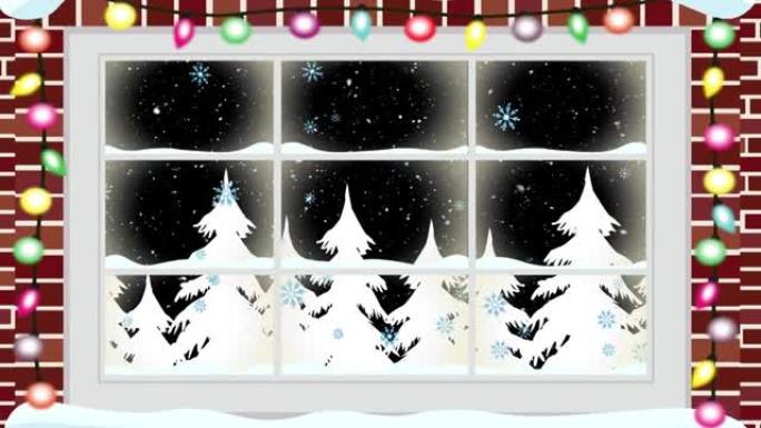 带有圣诞节装饰的窗户上飘雪的动画