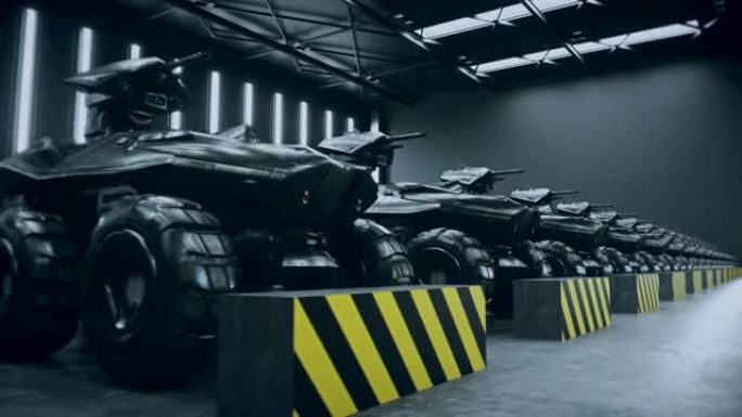 军事基地的未来派军事坦克。逼真的4k动画。