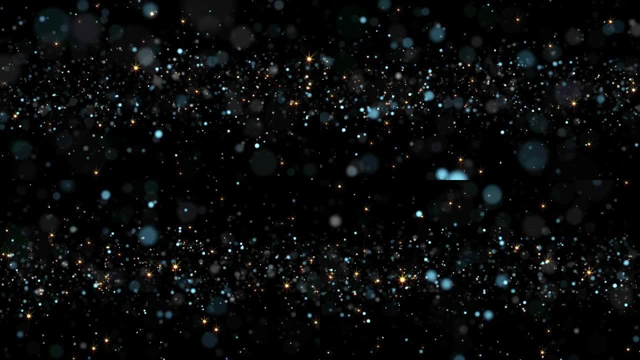 黑色背景上有星星的蓝色闪亮粒子。金像奖明星。波克闪亮粒子循环动画。