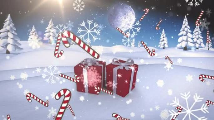 圣诞装饰品和冬季风景下的雪花糖果手杖动画