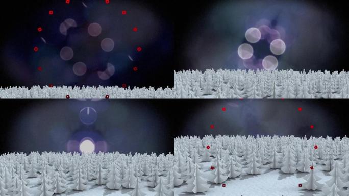 冬季景观上树木上的红色装饰设计与灰色背景上的光斑