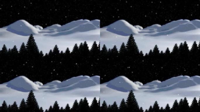 夜间冬季风景中雪花落在杉树上的动画