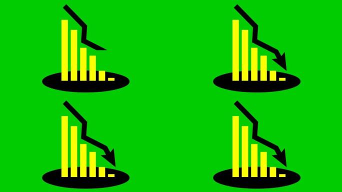 带有趋势线图的金融下跌动画黄色图表。经济危机，衰退，下降图。条形图。利润下降。矢量插图孤立在绿色背景