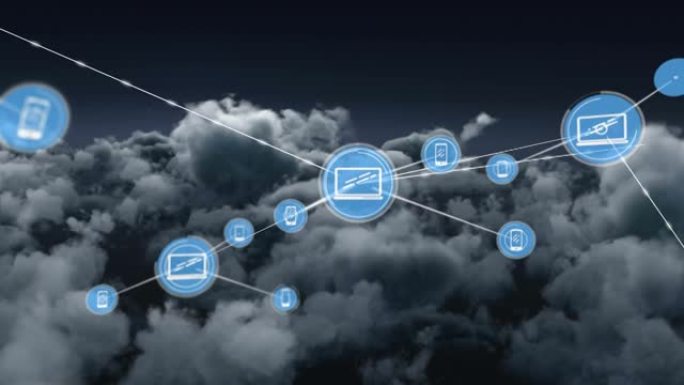 云上的图标与笔记本电脑和智能手机的连接网络动画