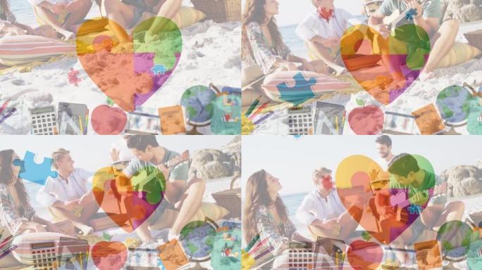 夏日海滩派对上快乐朋友的彩色拼图和学校图标动画