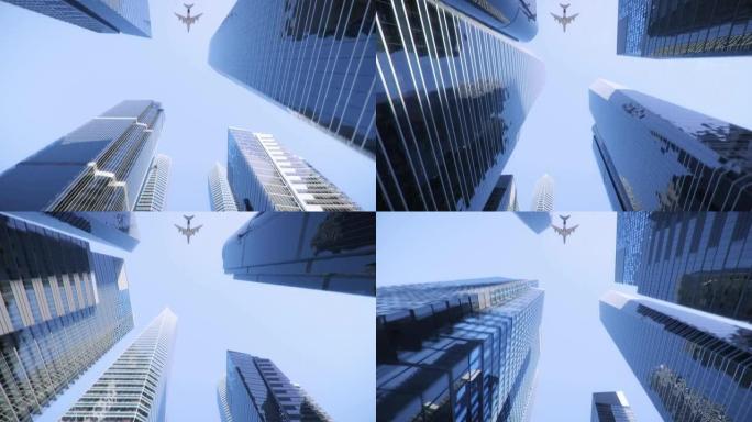 飞机飞越办公楼，无缝循环3d动画4k，超高清3840x2160
