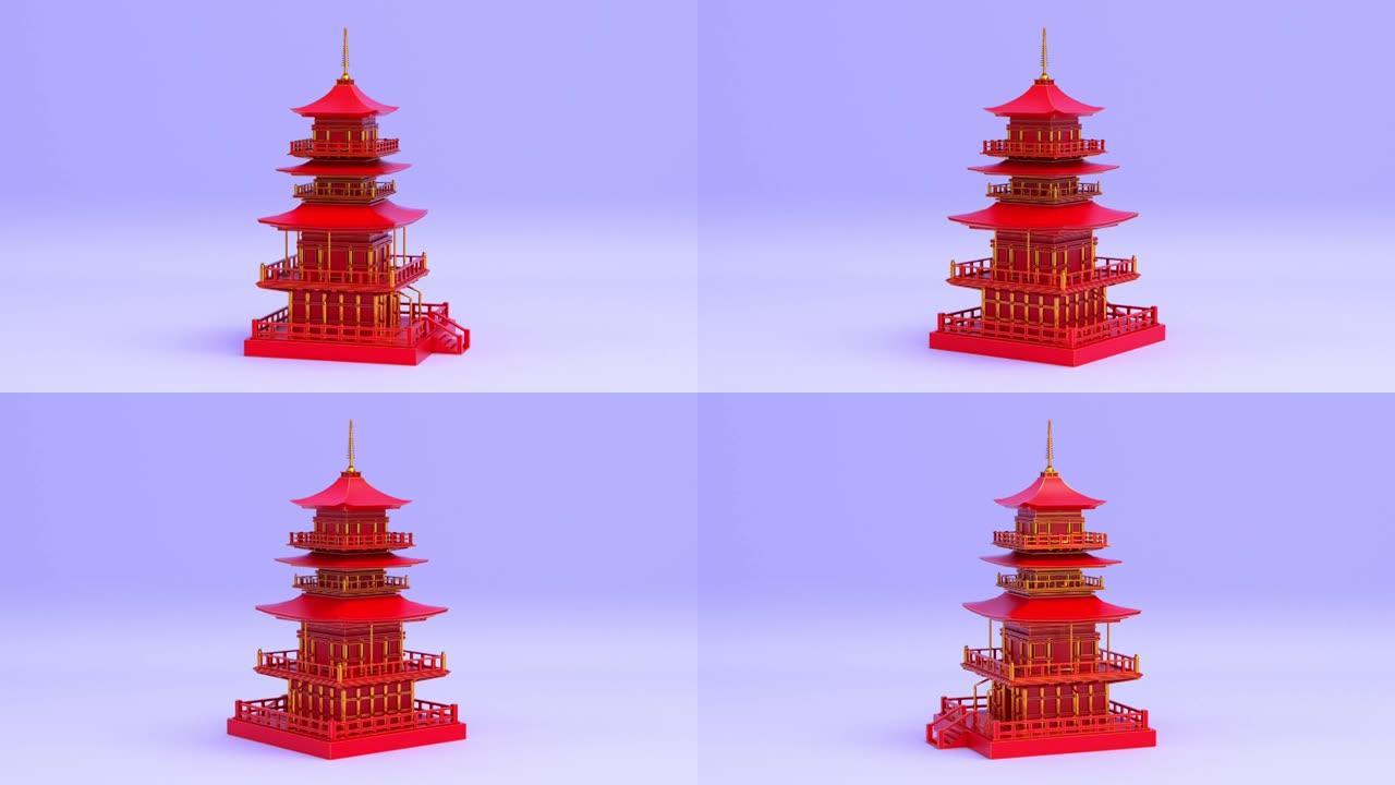 旋转红色日本宝塔和东方古建筑，日本馆和佛教宗教寺庙无缝循环动画，3d渲染背景