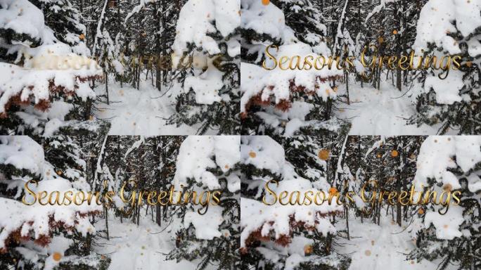 金色下落点和冬季景观上的圣诞节问候动画
