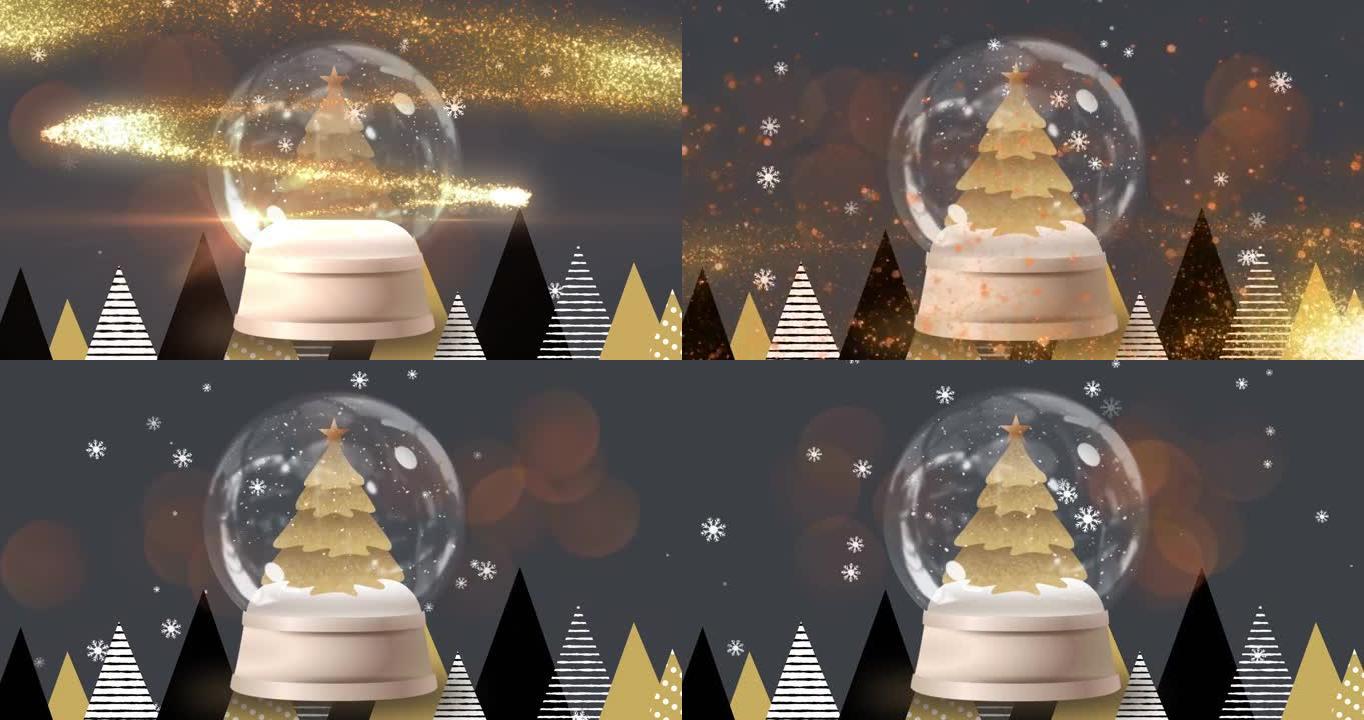 雪球动画，圣诞树覆盖积雪和枞树