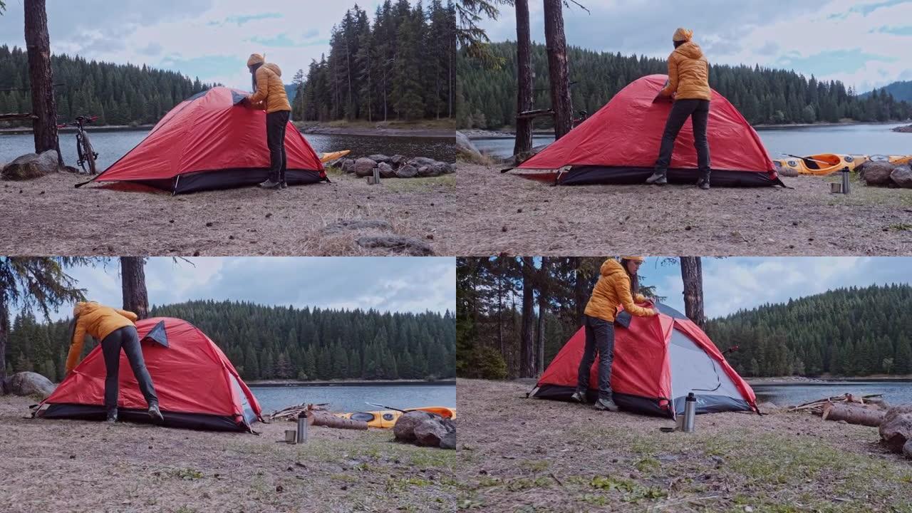 在山里的湖里露营，皮划艇和山地自行车。