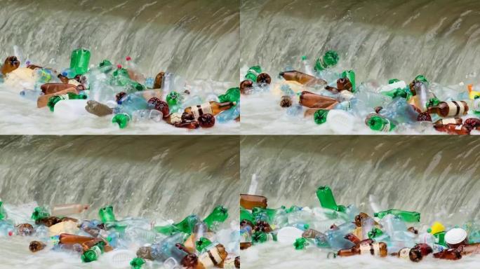 被污染的河水中的塑料瓶。生态问题和灭绝威胁。