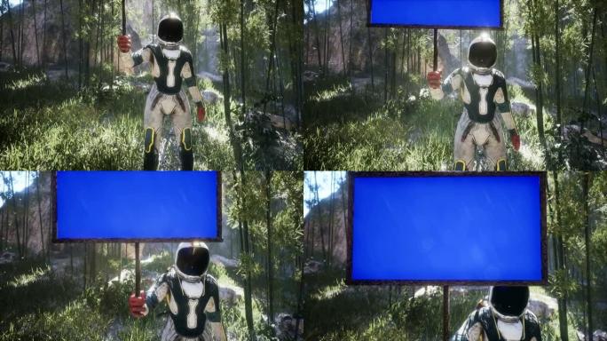 一位宇航员兼科学家站在一颗新发现的行星上，蓝屏上挂着一条横幅。发现新行星的概念。这部动画非常适合太空