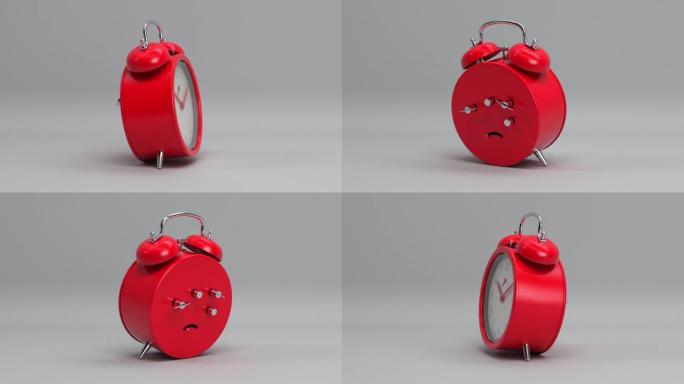 红色复古旋转闹钟无缝循环动画背景，唤醒时间和早晨提醒符号，带铃声和截止日期提醒概念的复古手表