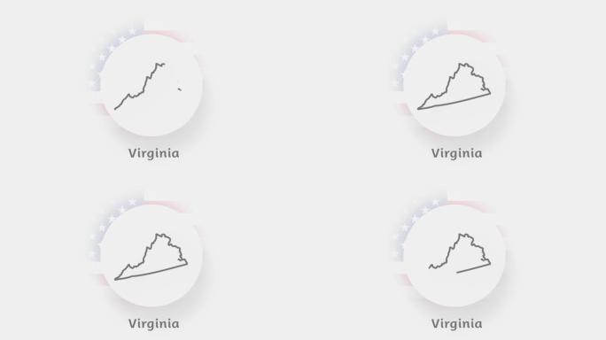 美国弗吉尼亚州。显示弗吉尼亚州的美国动画地图。美利坚合众国。Neumorphism最小样式