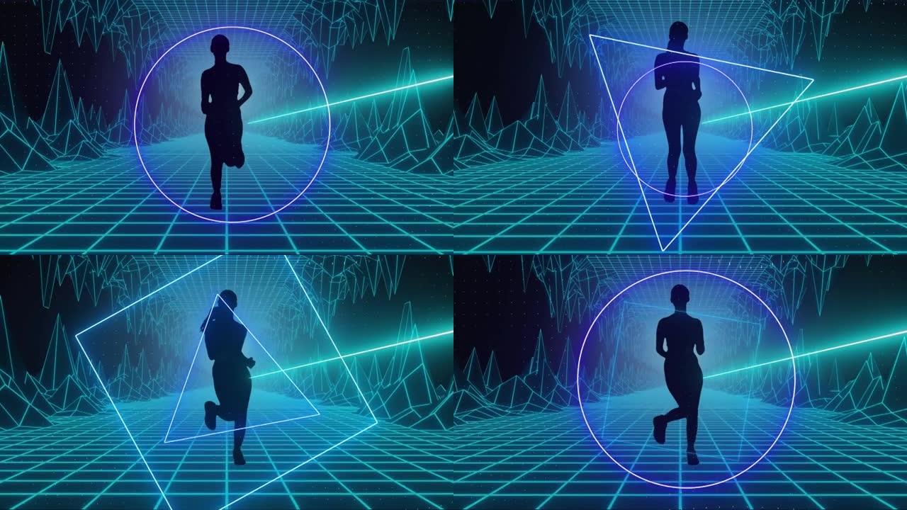霓虹灯扫描仪在发光网格上运行的轮廓女人上处理数据的动画