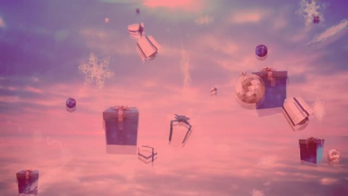 雪花、圣诞小玩意和礼物图标落在天空中的云层上
