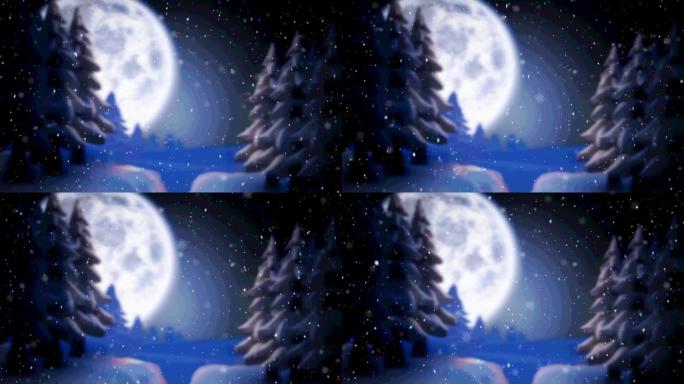 背景为月亮的冬季风景下的积雪动画