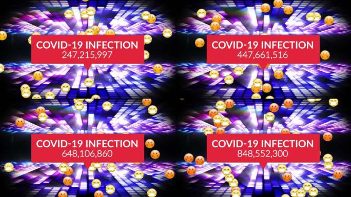 面具中的表情动画和迪斯科灯光上的covid感染数量增加
