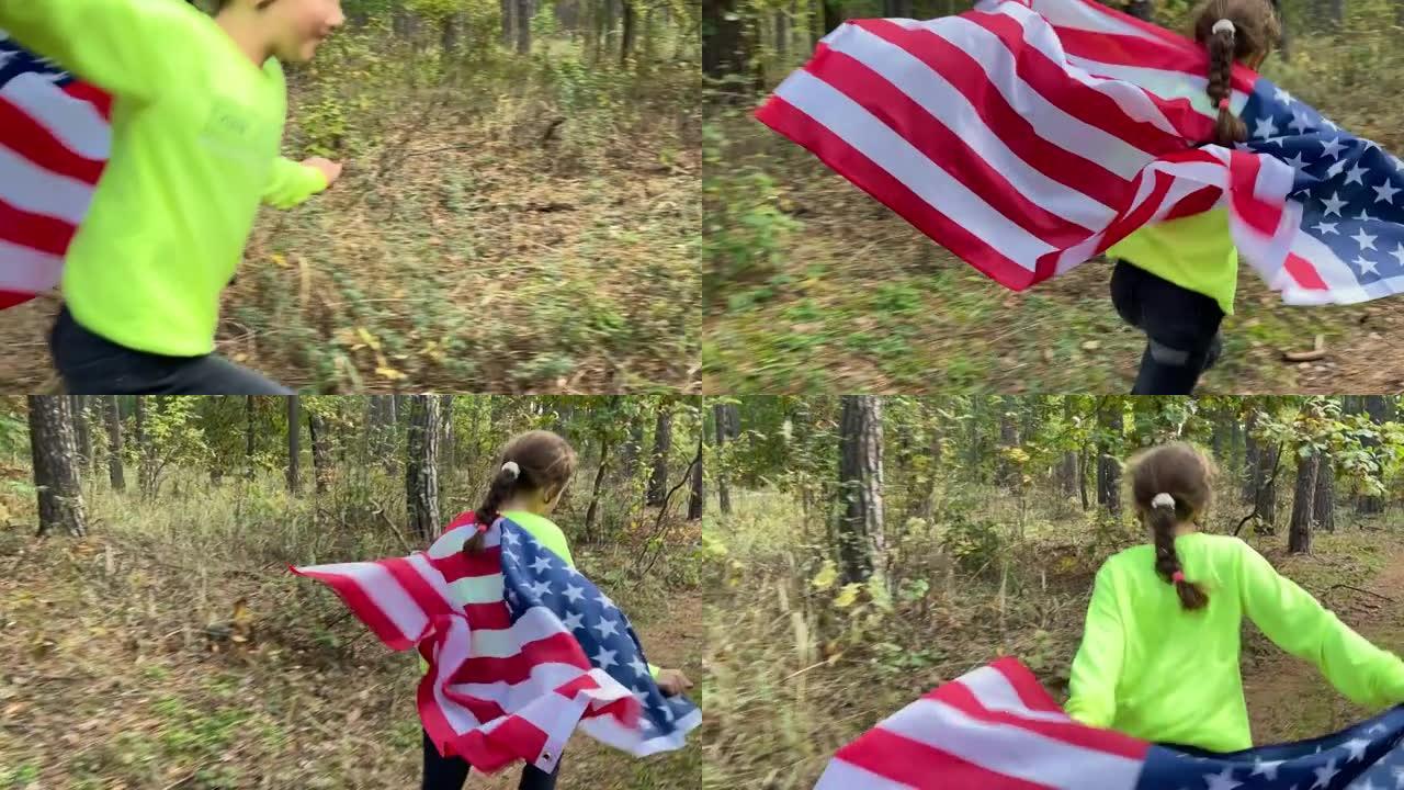一个小女孩拿着美国国旗在森林小路上奔跑。特写镜头。