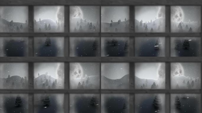 木制窗框抵御积雪在夜空中落在月亮上的冬季景观