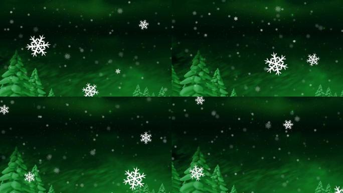 圣诞雪花落在绿色冬季景观背景上的动画