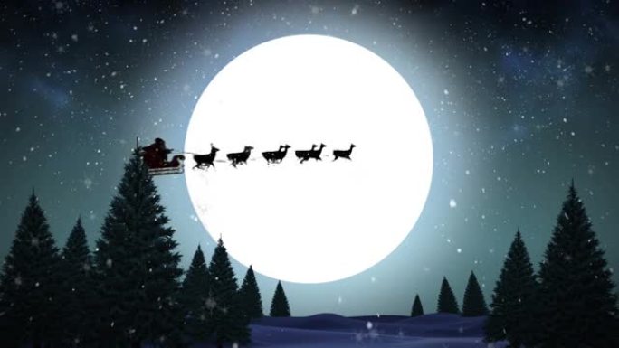 圣诞老人在雪橇上的动画与驯鹿在降雪量和月亮在蓝色背景上
