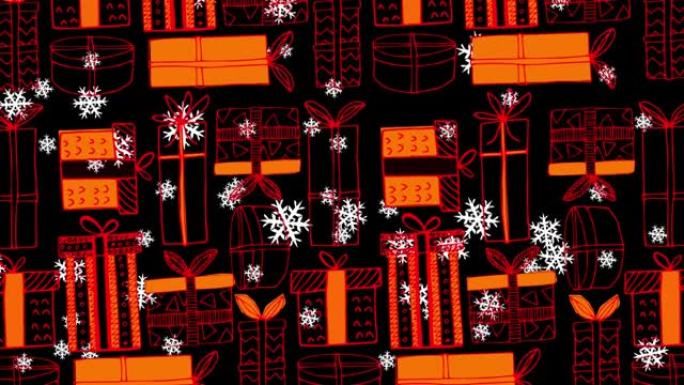 黑色背景上的雪落在圣诞节礼物图案上的动画