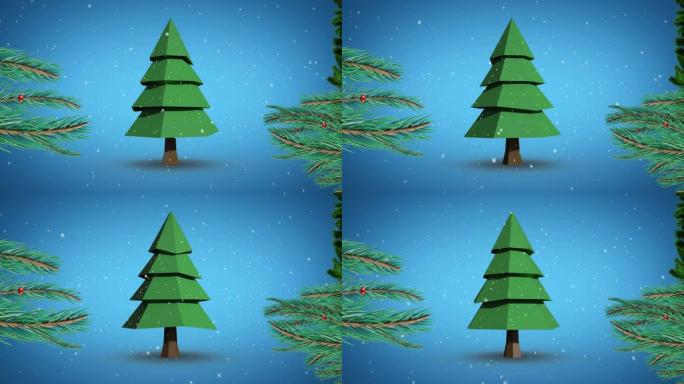 翻转圣诞树和落在蓝色背景上的雪的动画