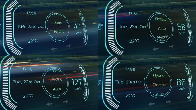 道路上带有充电电池图标和速度计的界面动画