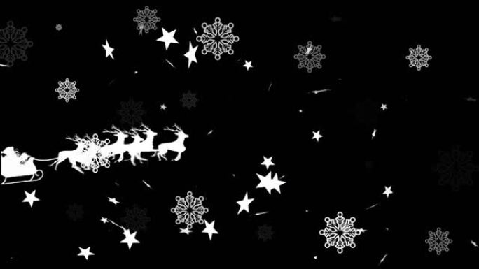 黑色背景上的圣诞明星落在圣诞老人雪橇上的动画