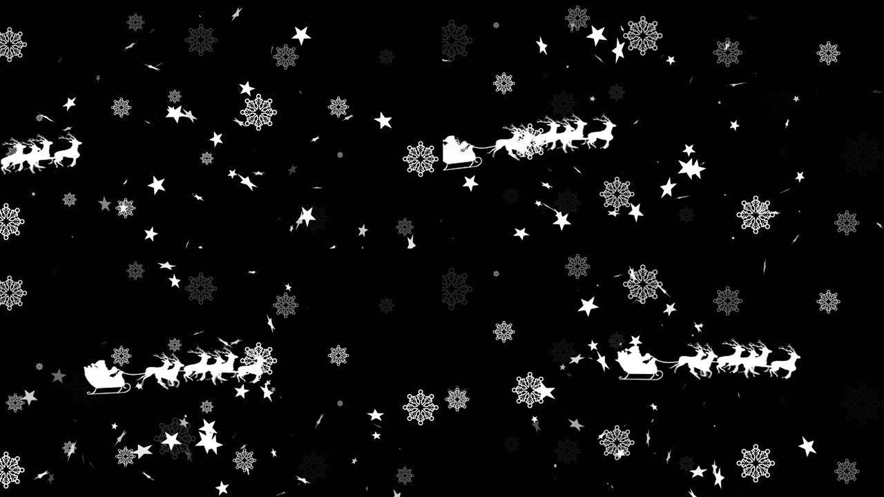 黑色背景上的圣诞明星落在圣诞老人雪橇上的动画