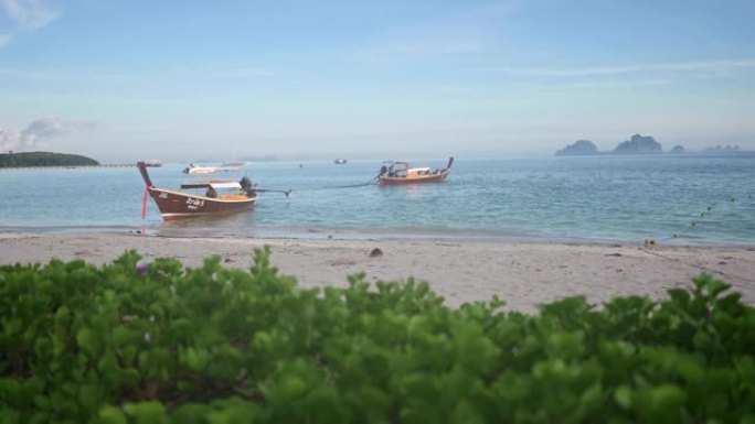 旅客游客在清晨的海滩上乘坐长尾船离开该岛，在泰国南部的trang和krabi亚洲的koh mook 