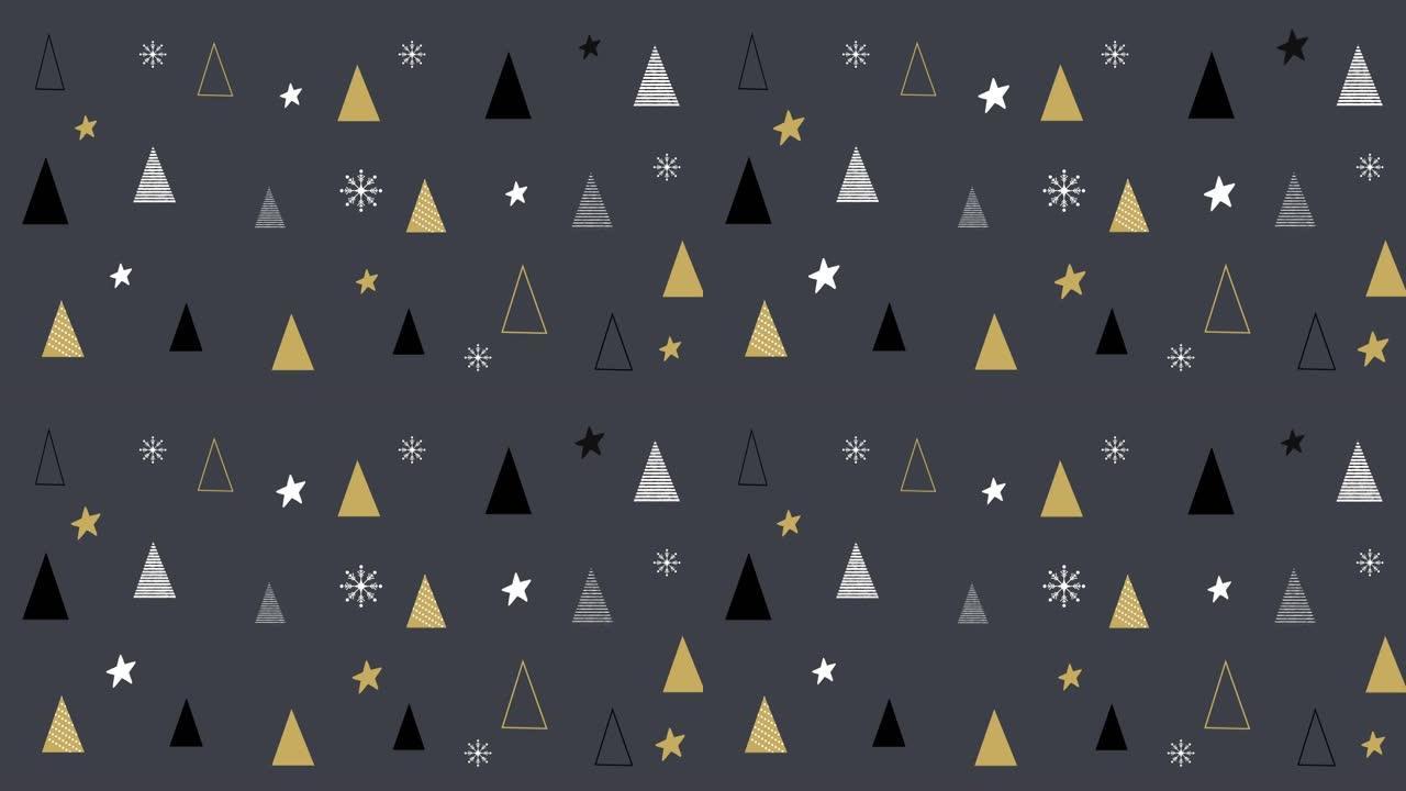 灰色背景上的圣诞树和星星图案动画