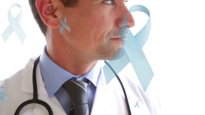动画的蓝色癌症丝带在微笑的白人男性医生在白色背景